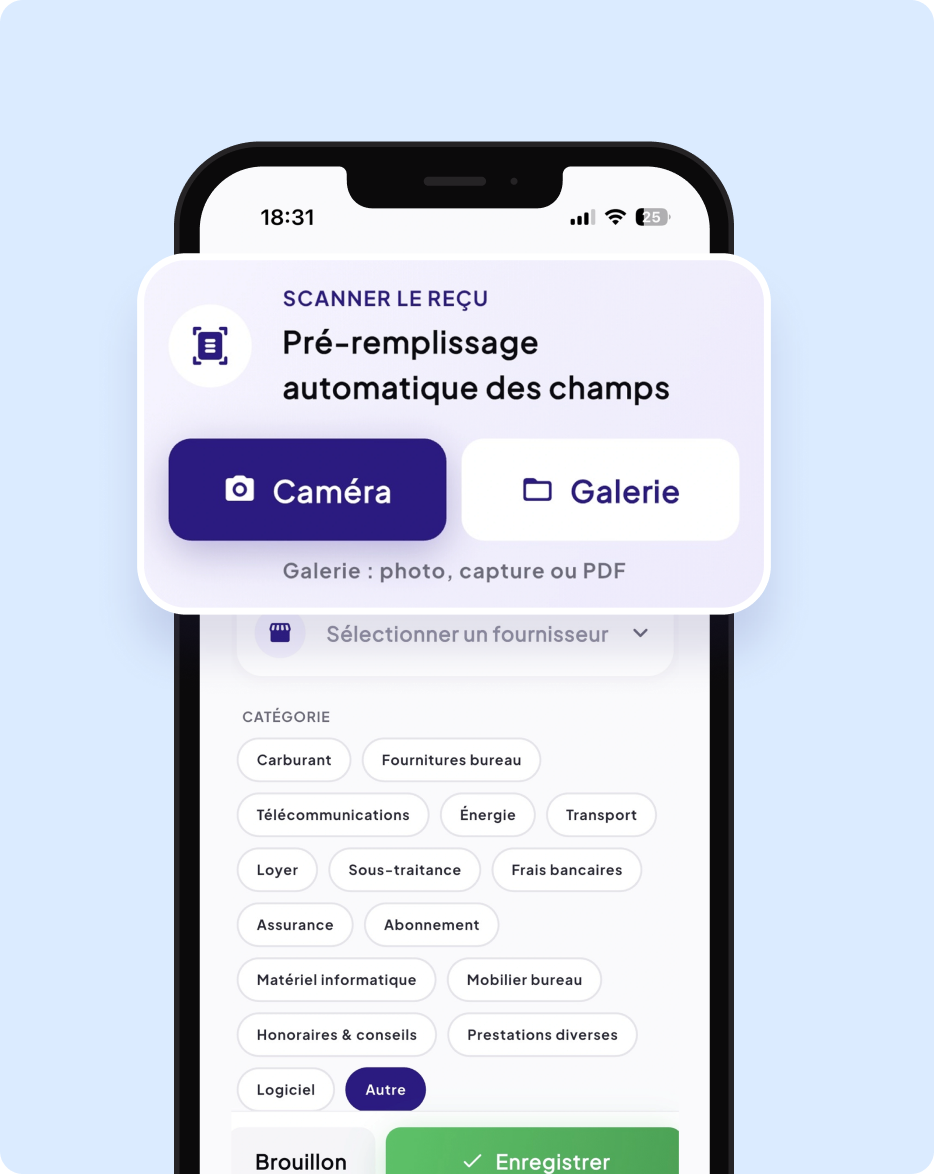 Écran scanner de reçu avec pré-remplissage automatique des champs